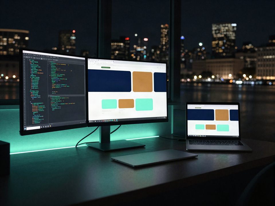 Un escritorio de noche con dos pantallas: en una, el código de la página con sus líneas de colores; en la otra, la misma página ya armada. La laptop de al lado repite la vista previa y, al otro lado del río, brillan las luces de Manhattan.
