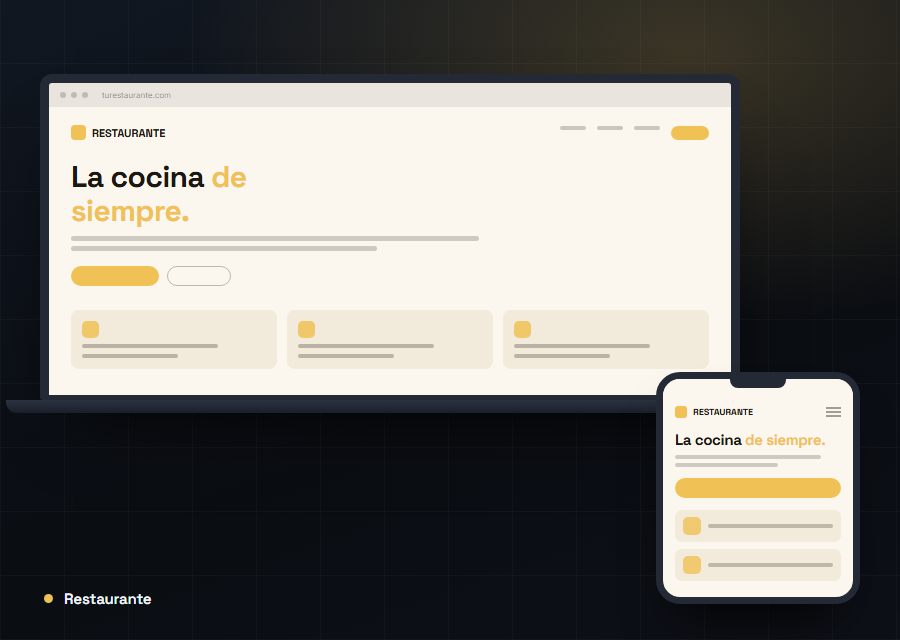 Mockup of a restaurant site on a laptop and a phone, with a menu, action buttons and section cards.