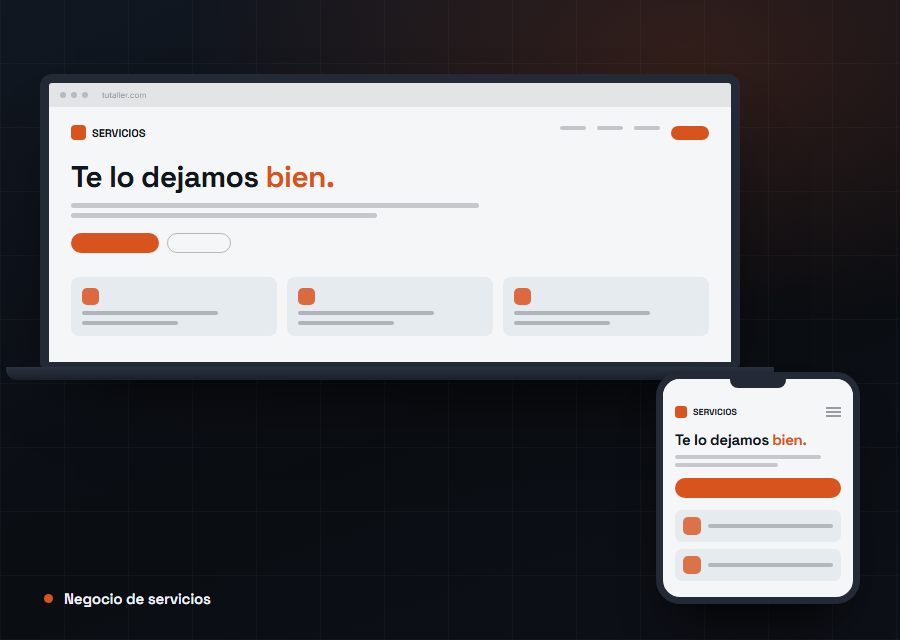 Mockup of a service business site on a laptop and a phone, with a service list and a call to action.