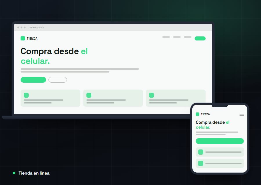 Mockup of an online store on a laptop and a phone, with a catalog and a buy button.