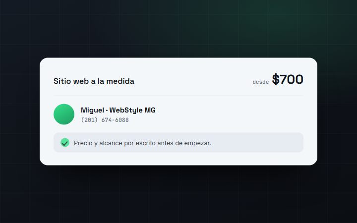 Tarjeta con el precio desde 700 dólares, el nombre y el teléfono de quien atiende, y el alcance por escrito.