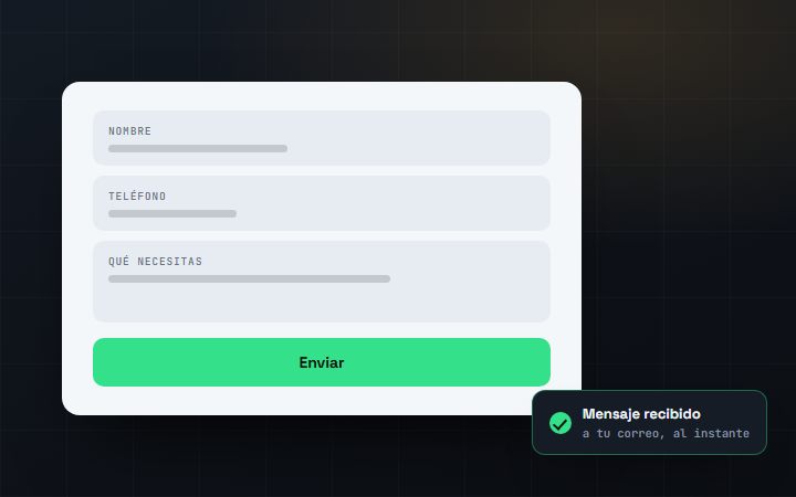 Formulario de contacto con botón de enviar y un aviso de mensaje recibido.
