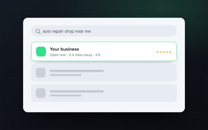 Phone search results with the business listed first, open now and rated.