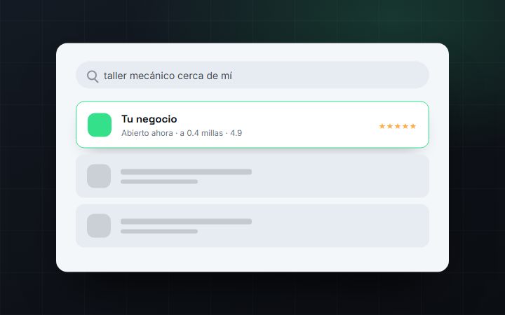 Resultados de búsqueda en el celular con el negocio en primer lugar, abierto ahora y con calificación.