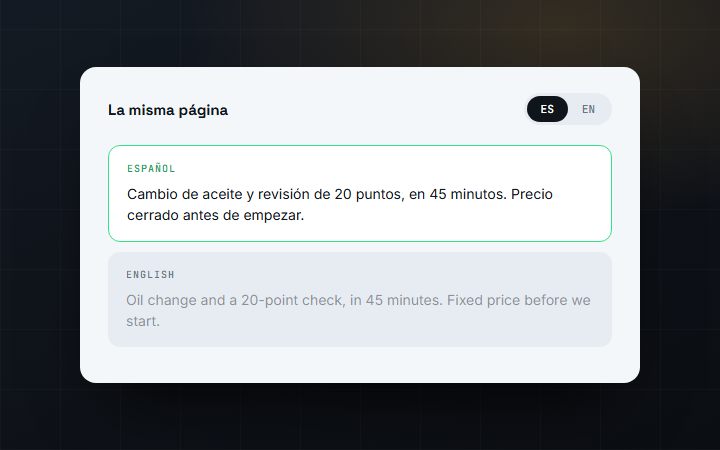 La misma página mostrada en español y en inglés, con un cambio de idioma.